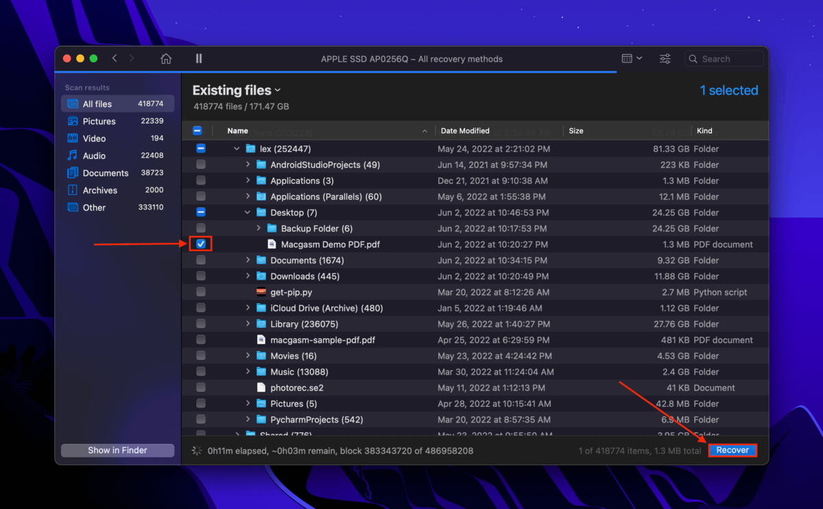 Disk Drill file selection column