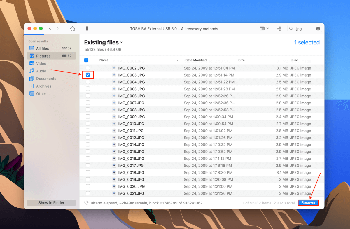 Disk Drill file selection