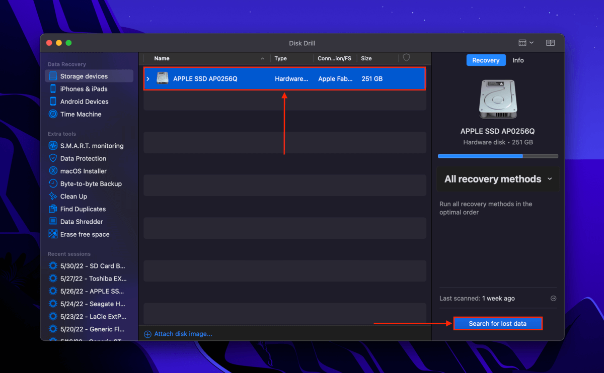 Disk Drill drive selection screen