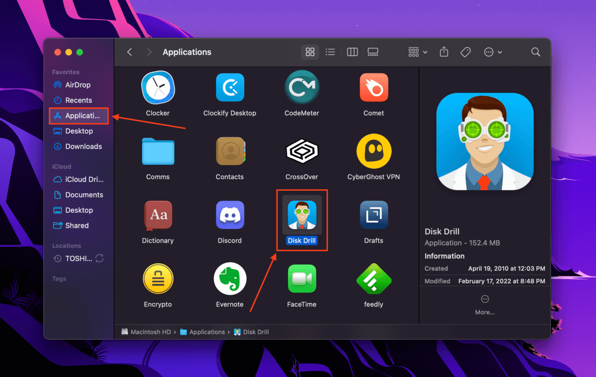 Disk Drill app in the Finder Applications folder 
