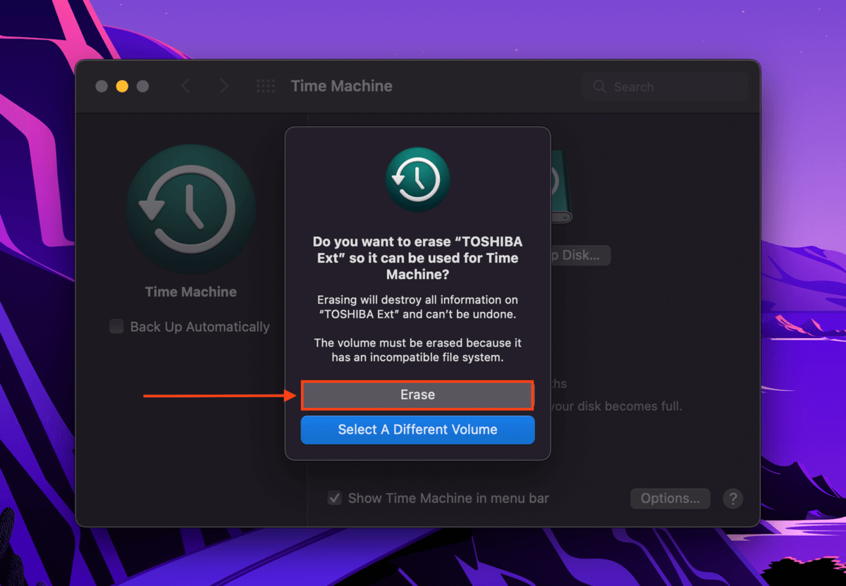 Time Machine Erase Disk dialogue box