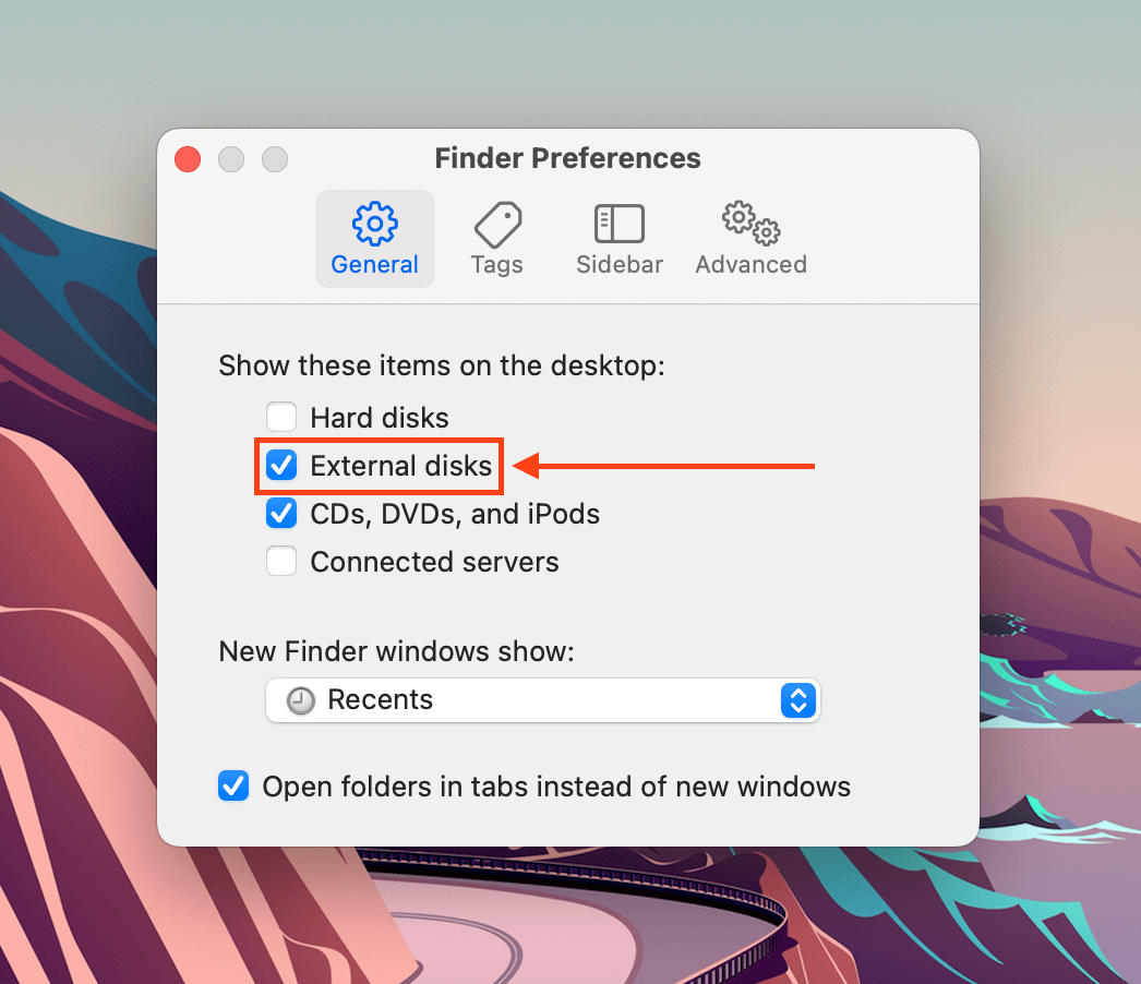 General tab in the Finder Preferences window