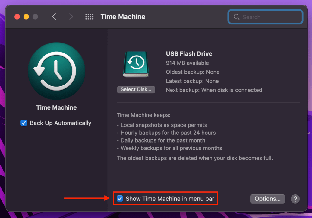 Time Machine settings