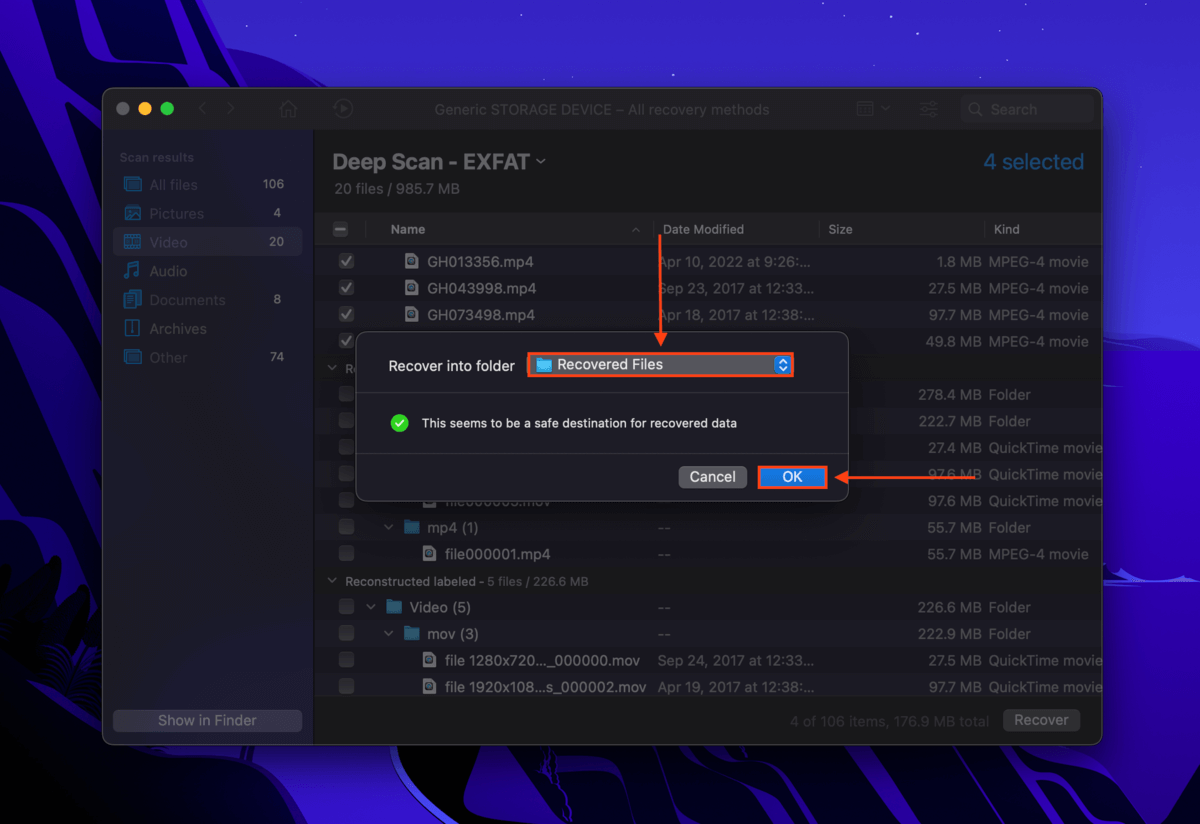 destination folder selection dialog in disk drill