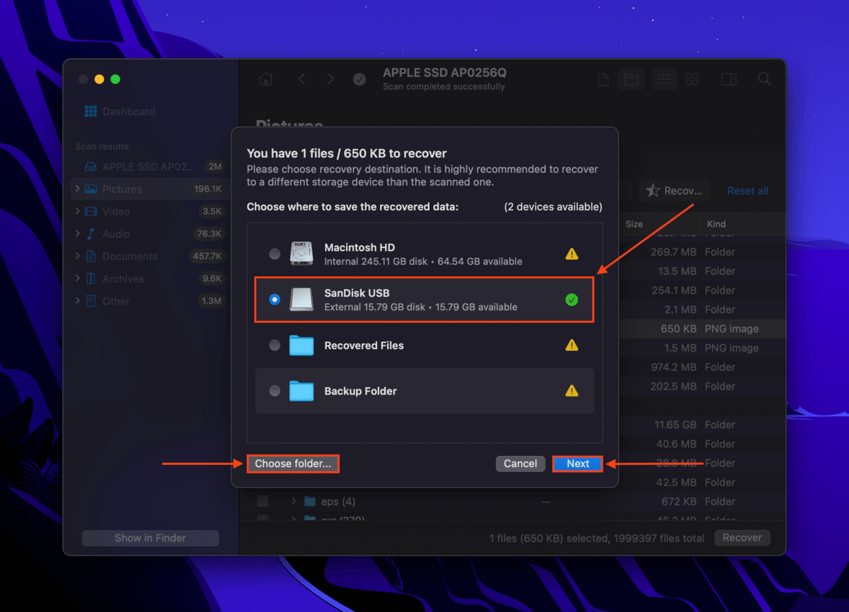 destination folder selection dialog in disk drill