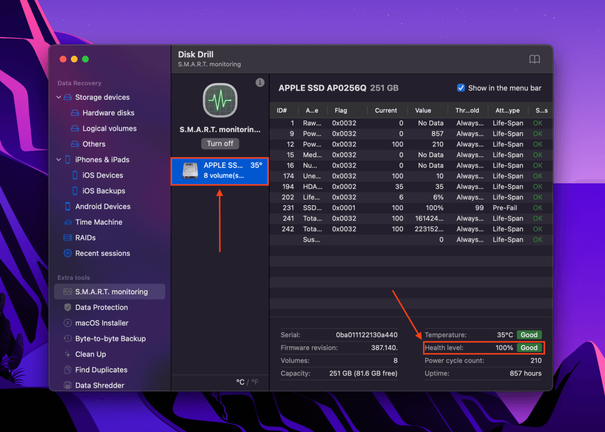 SSD SMART status in Disk Drill