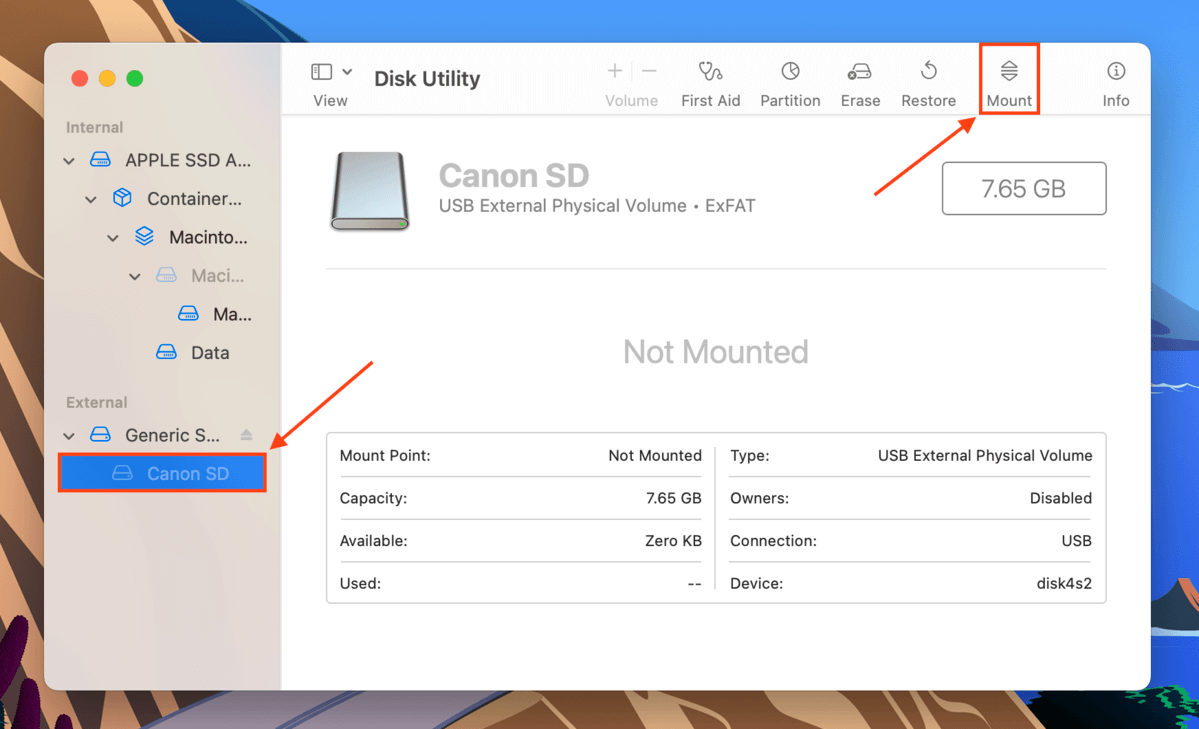 Mount button in Disk Utility