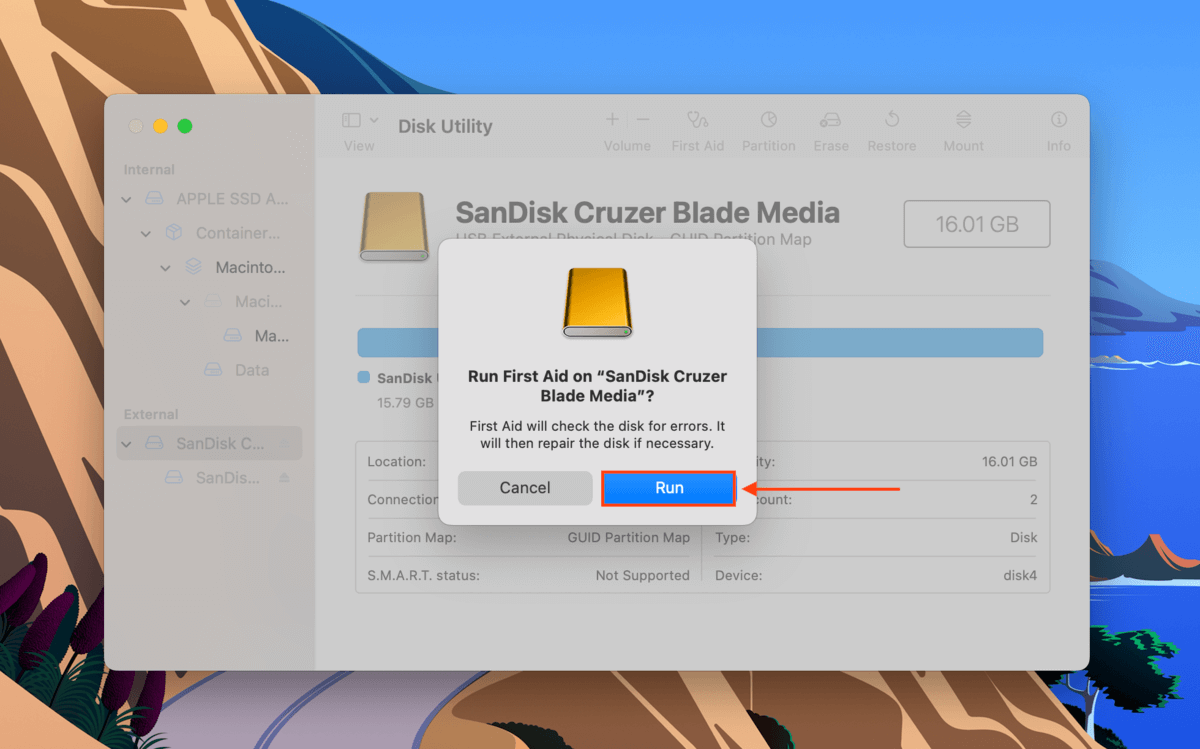 Run button in Disk Utility dialog