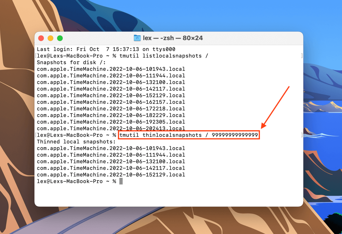 thinlocalsnapshots command in Terminal