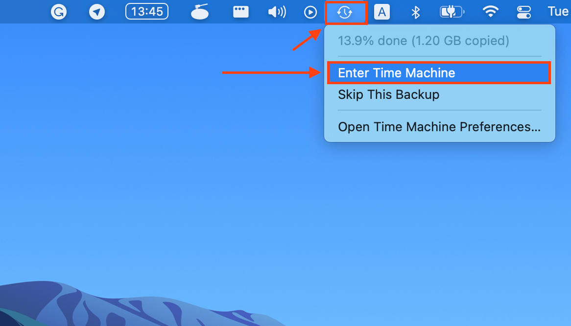 Time Machine button in the Apple menu bar