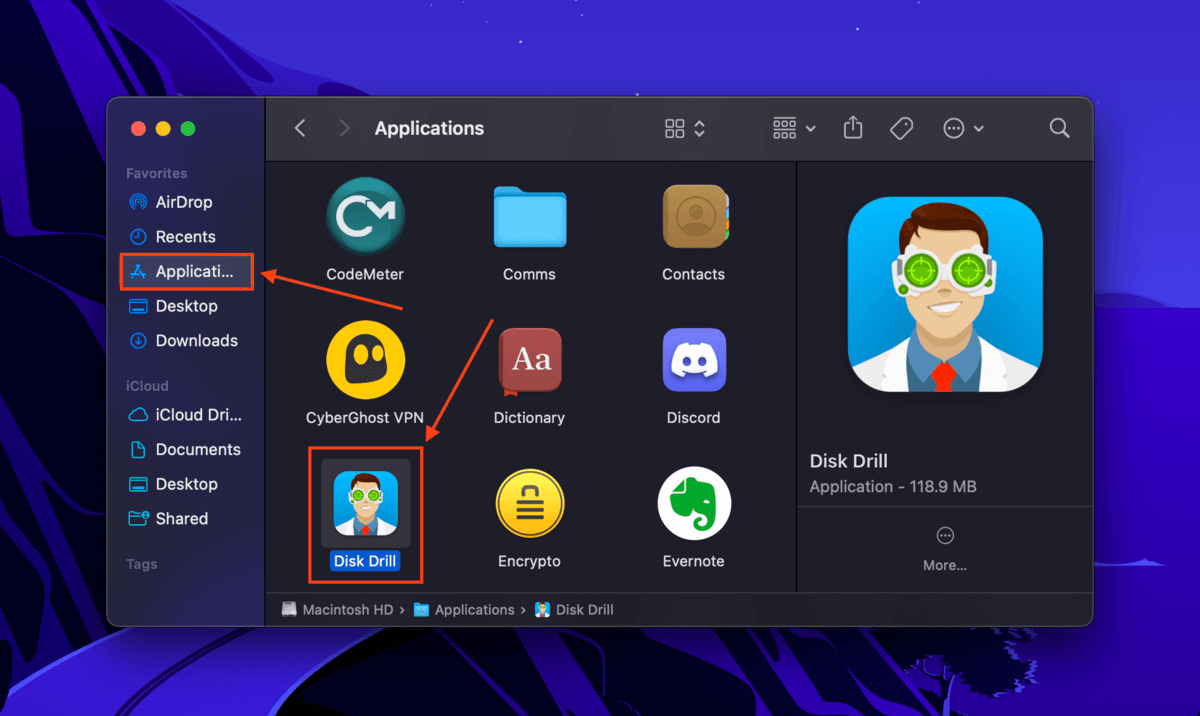 Disk Drill app in the Finder Applications folder