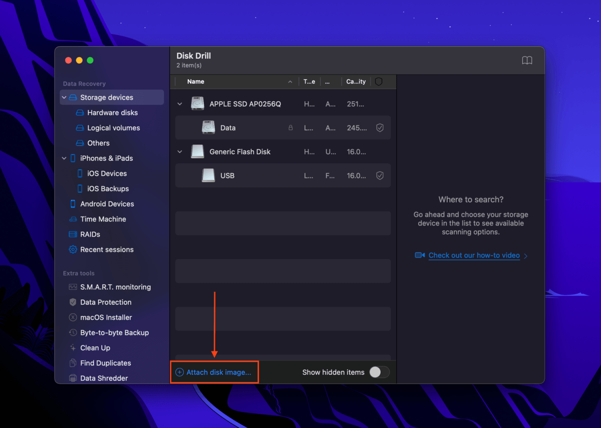 Disk Drill attach image button