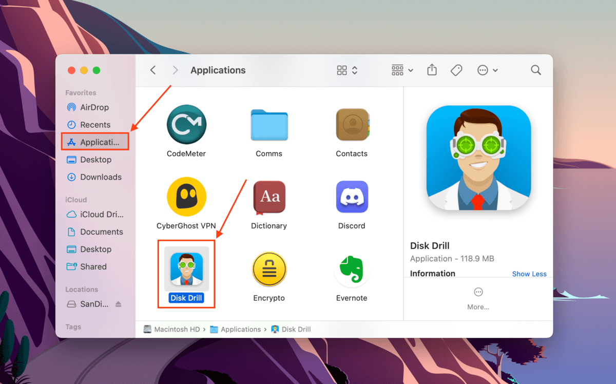 Disk Drill app in the Finder Applications folder