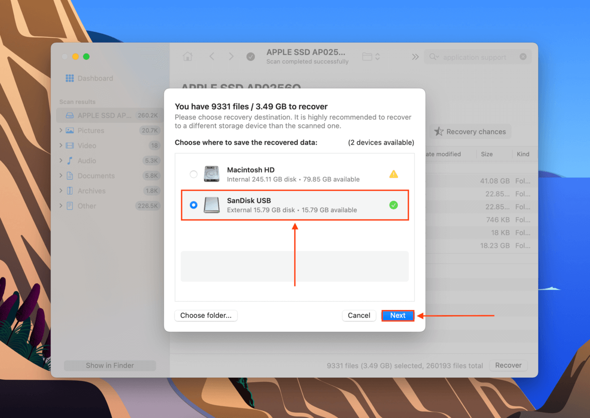 destination folder selection dialog in disk drill