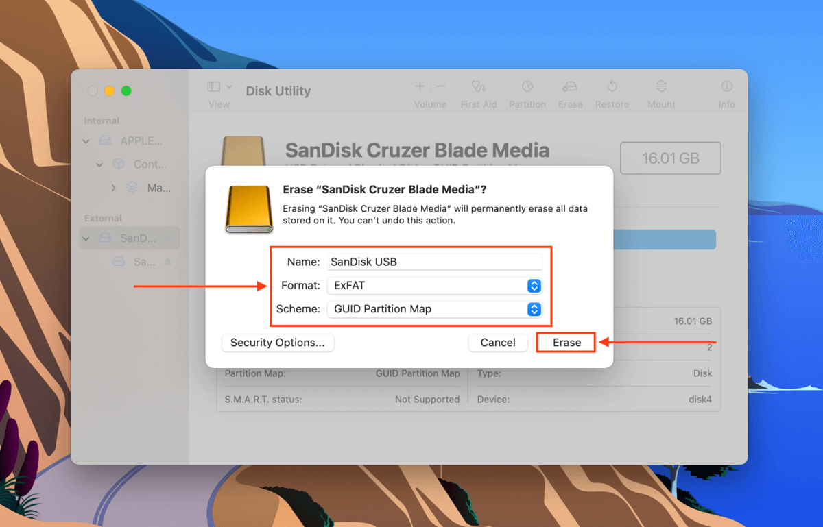 Disk Utility erase dialogue