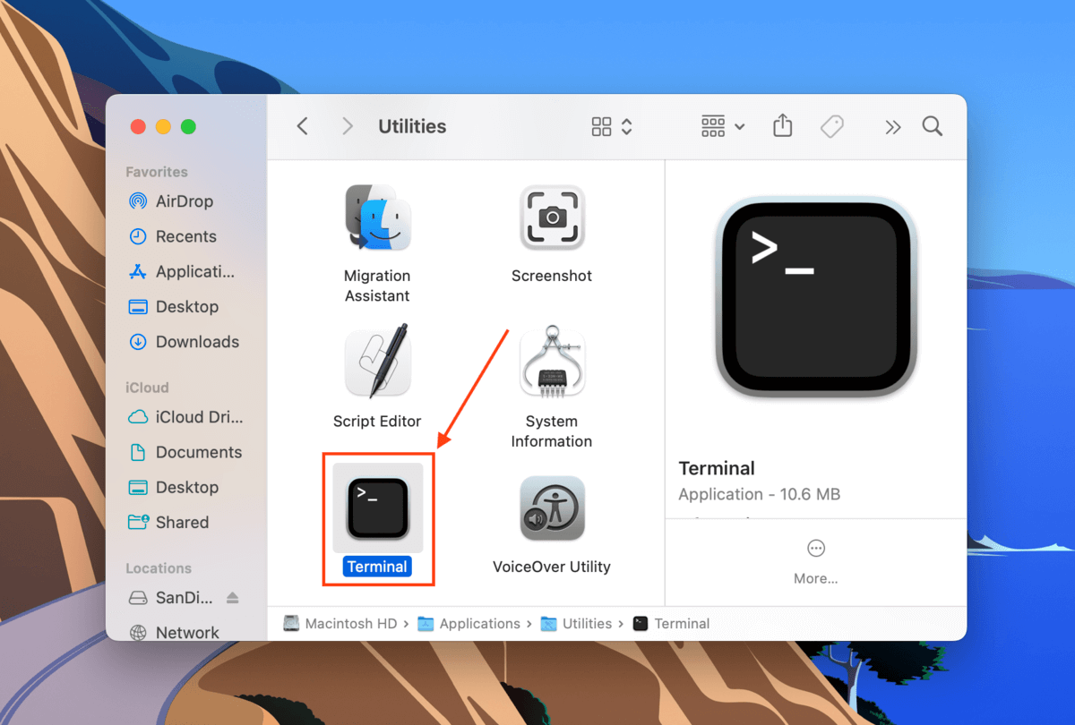 Terminal app in the Finder Applications Utilities folder