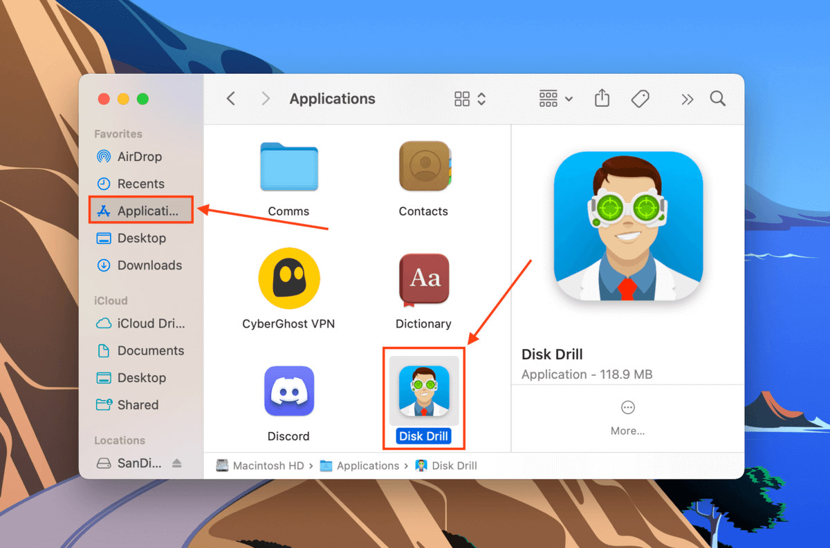 Disk Drill app in the Finder Applications folder