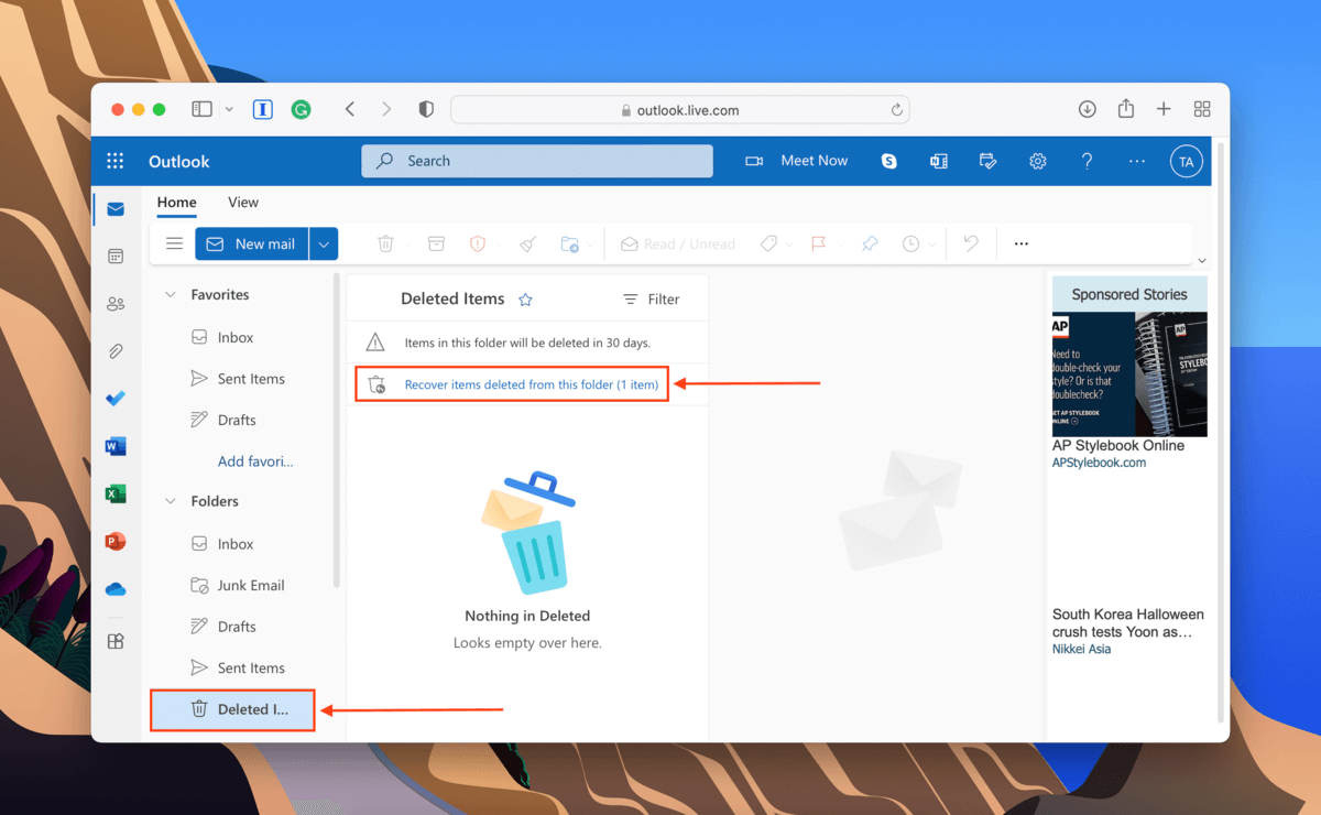 Microsoft Outlook web recover deleted items button