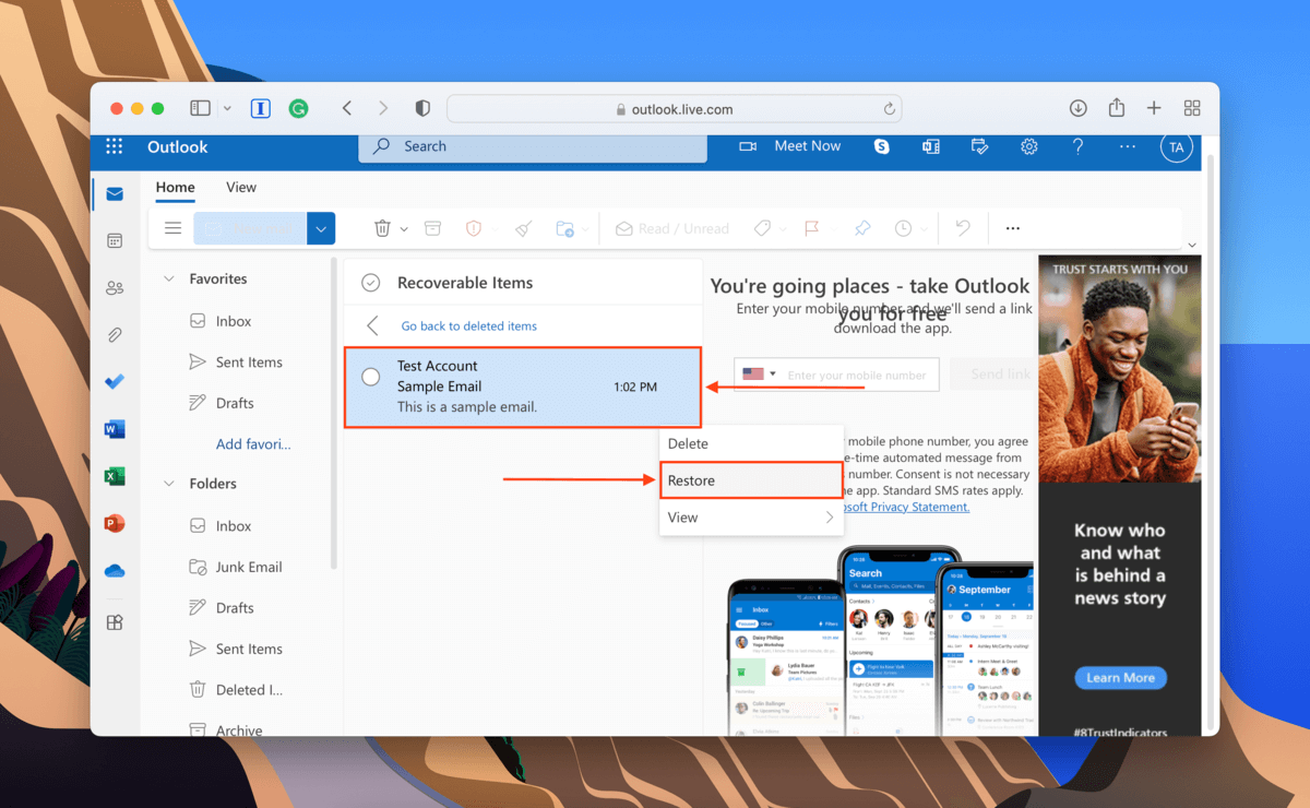 Microsoft Outlook web recover email from deleted items folder