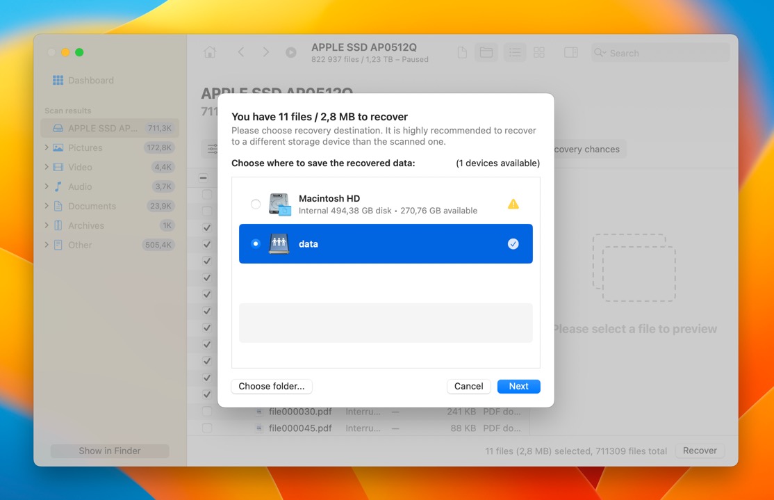 disk drill select recovery destination