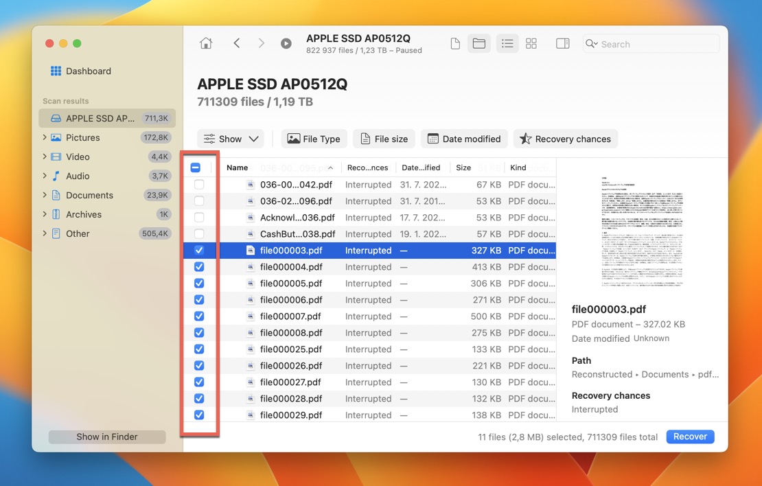 selected files in disk drill for mac