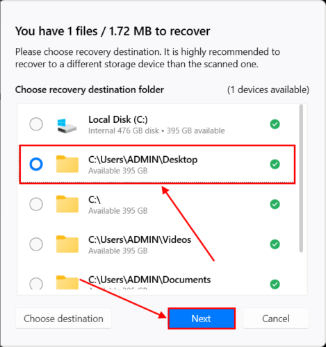 destination folder selection dialog in disk drill