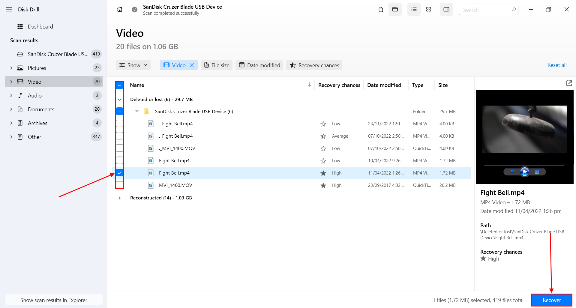 file selection window in Disk Drill