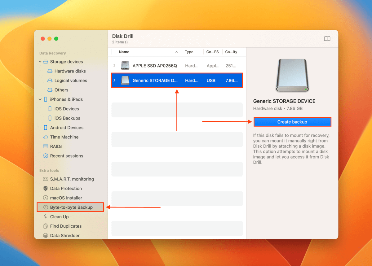 Disk Drill Byte-to-byte backup window