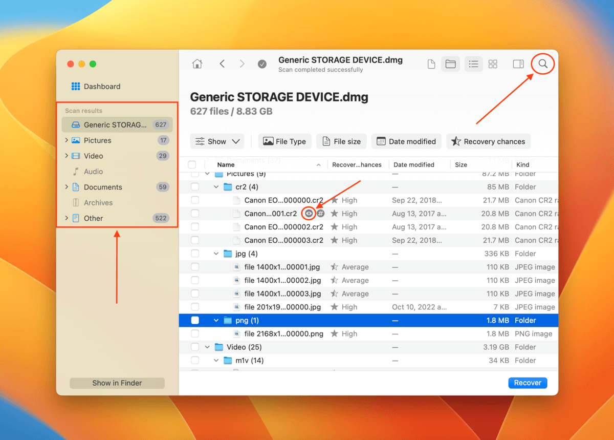 Disk Drill search, filter, and preview tools