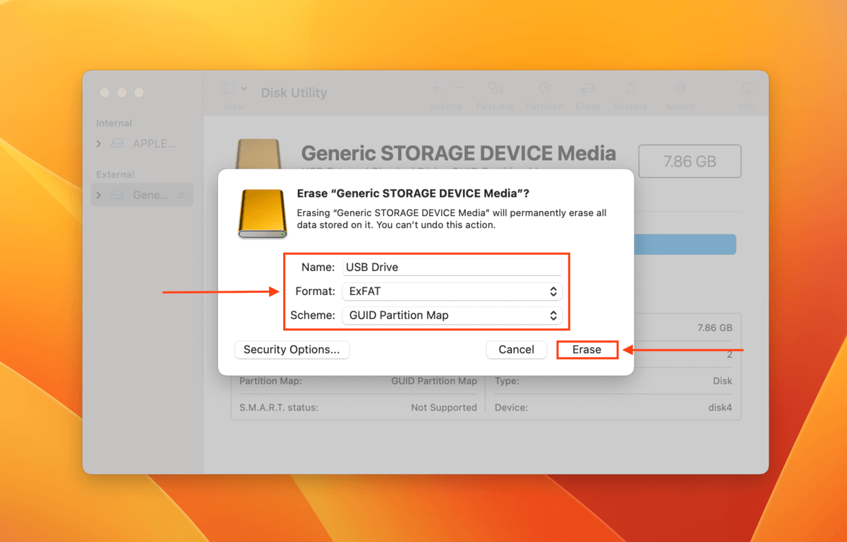 Disk Utility Erase menu