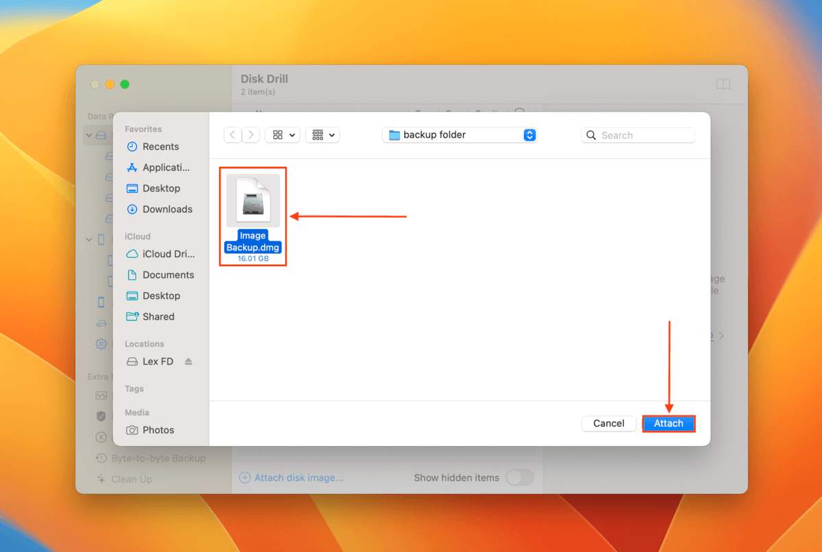 Disk Drill disk image attachment dialogue window