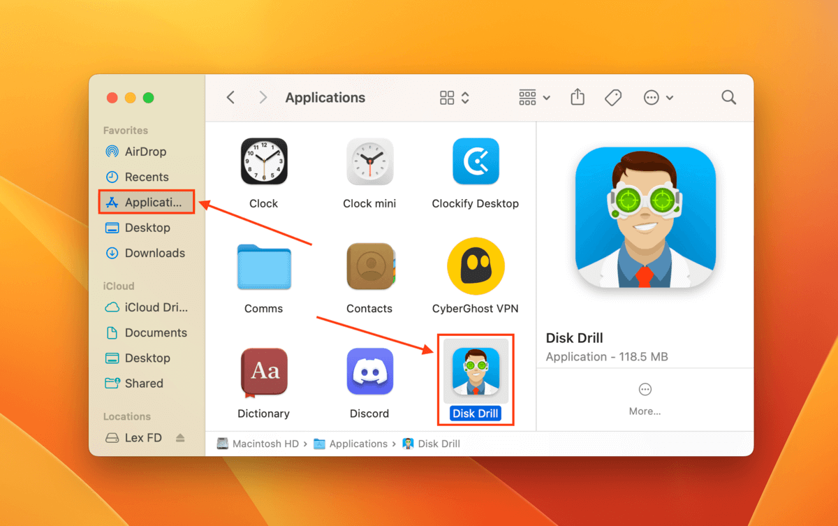 Disk Drill app in the Applications folder