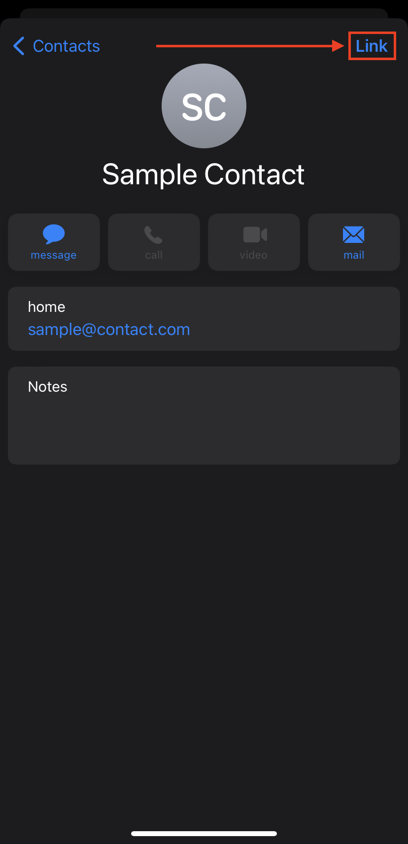 Link button in the iPhone's Contacts app