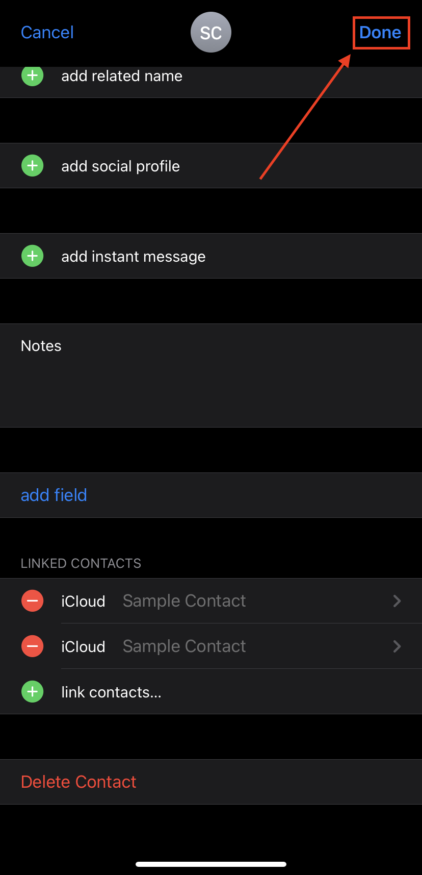 Done button in the iPhone's Contacts app