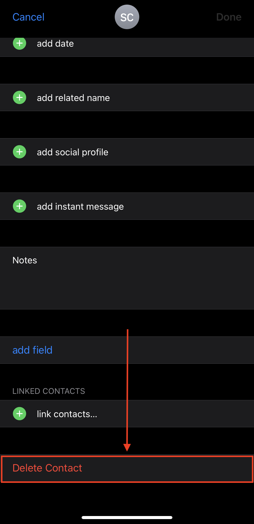 Delete Contact button in the iPhone's Contacts app