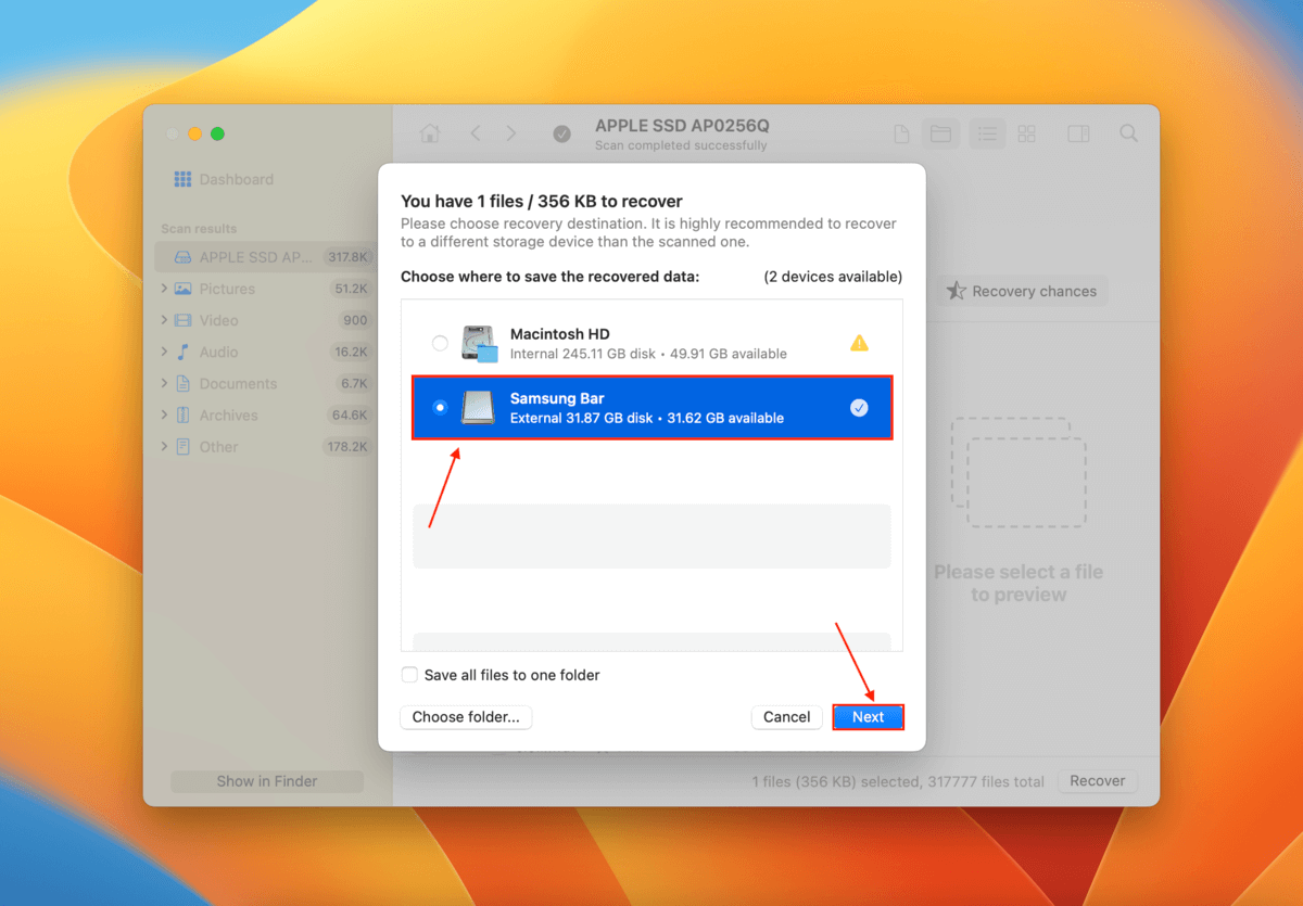 File destination selection window in Disk Drill