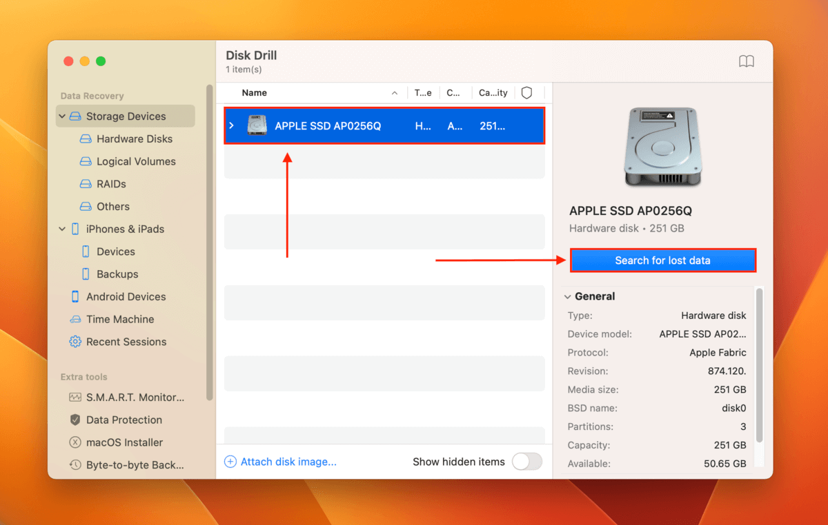 Hard drive selection window in Disk Drill