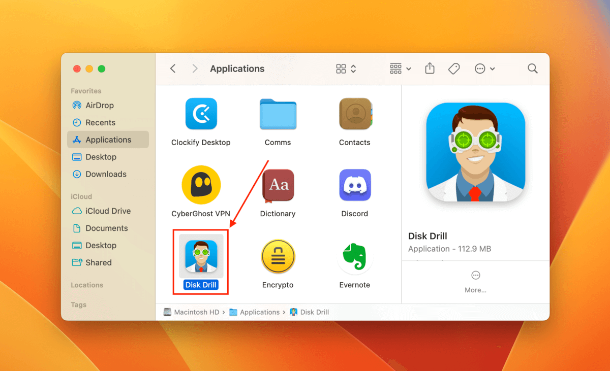 Disk Drill app in the Finder Applications folder