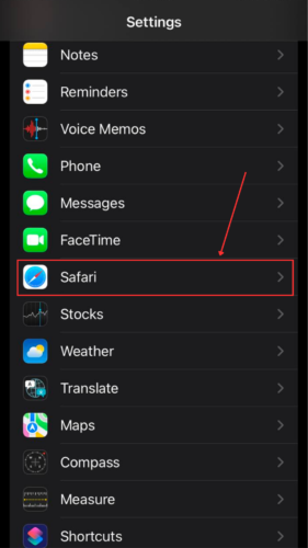 Safari option in Settings 