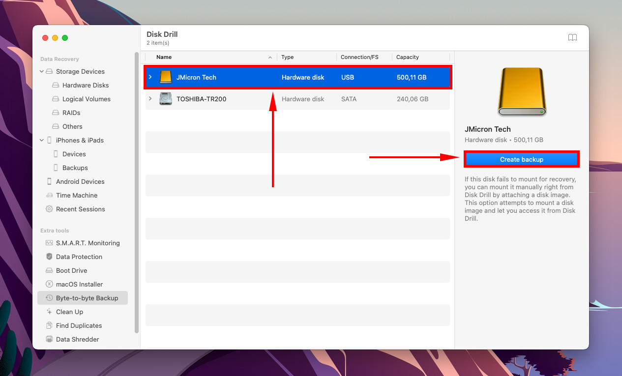 Disk Drill byte-to-byte backup screen