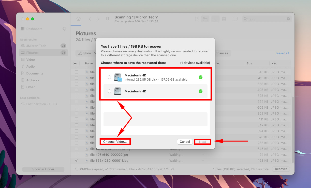 destination folder selection dialog in disk drill