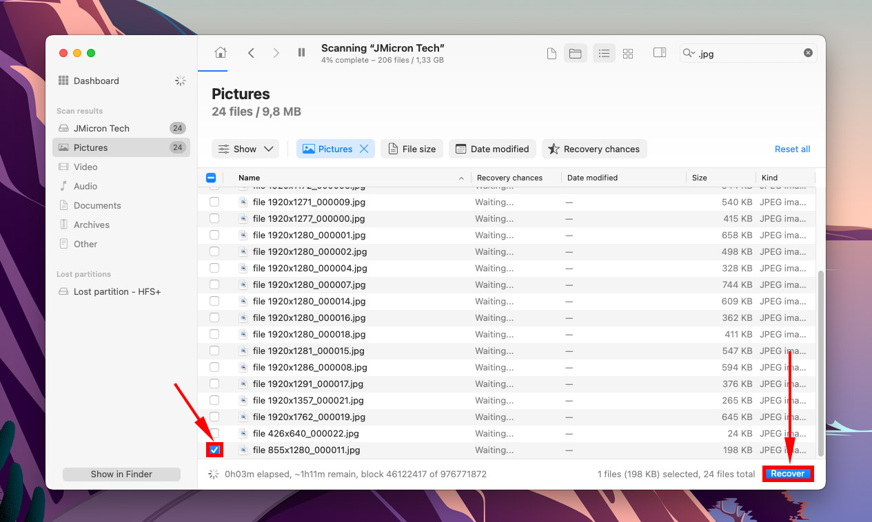 file selection window in Disk Drill