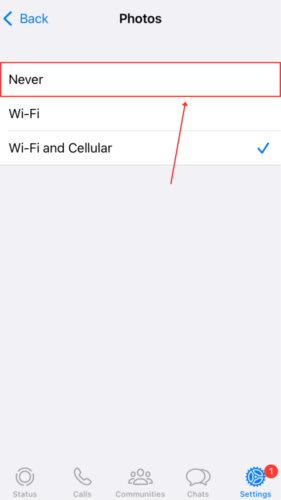 Never option in WhatsApp Media Auto-Download Settings