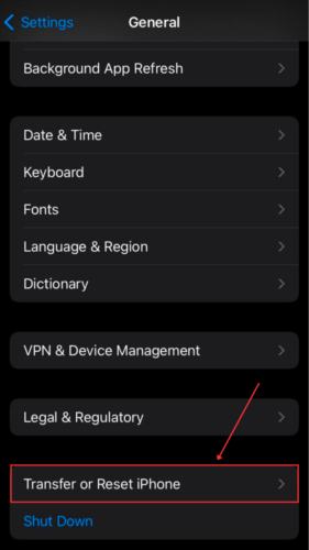 Transfer or Reset iPhone in General Settings
