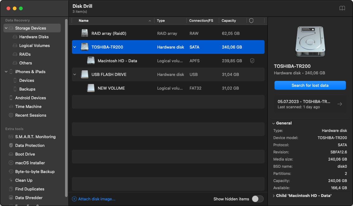 disk drill main recovery window