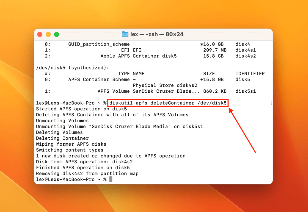 DeleteContainer command for APFS drive in Terminal