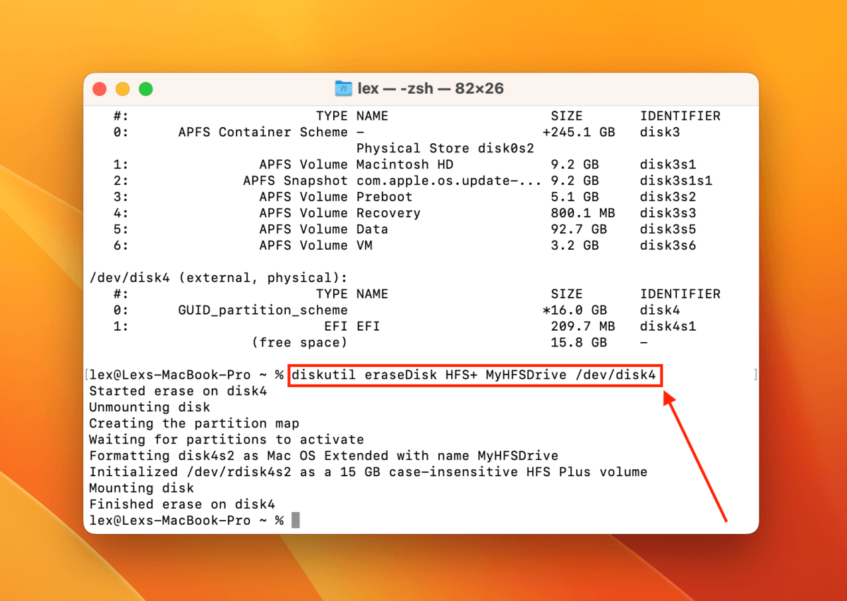 EraseDisk command in the Terminal app for external drive