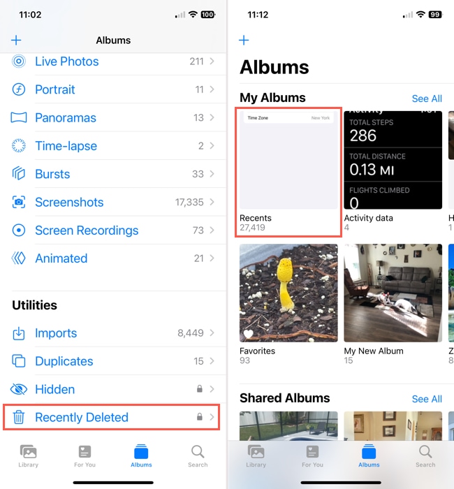Recently deleted and recents albums in photos