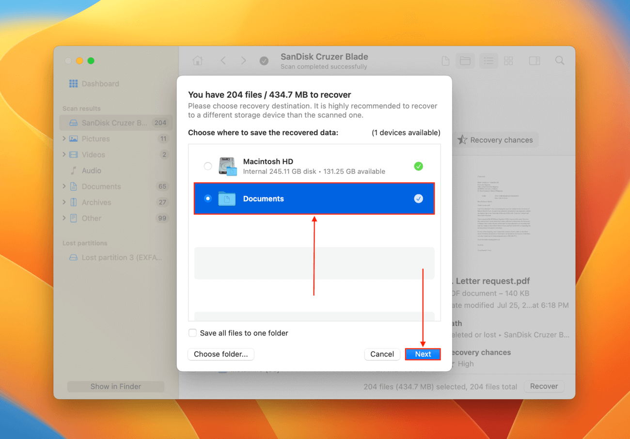 Disk Drill destination selection menu