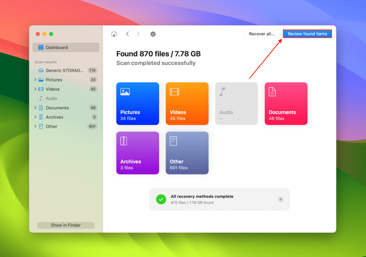 Disk Drill prompt to review the found files